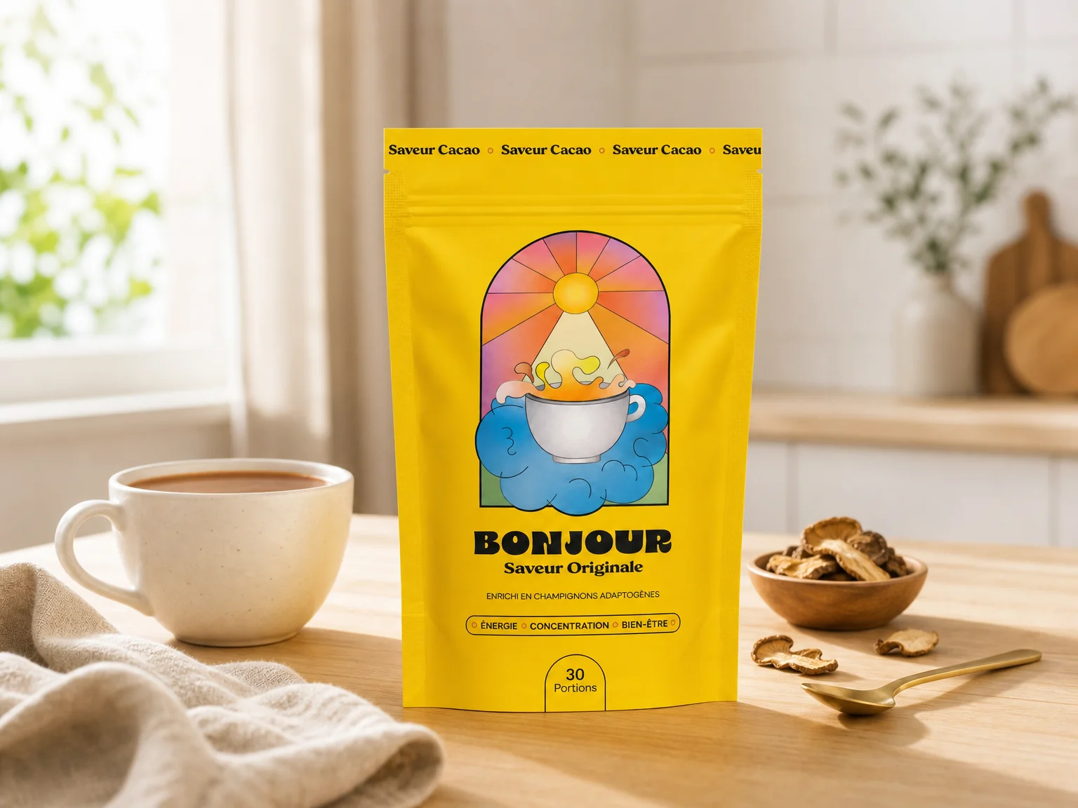 Sachet de café Bonjour et tasse préparée