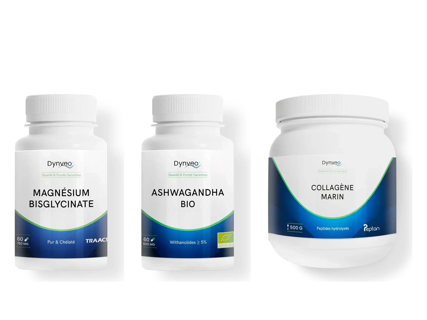 Les best-sellers du catalogue Dynveo : magnésium bisglycinate, ashwagandha bio et collagène marin